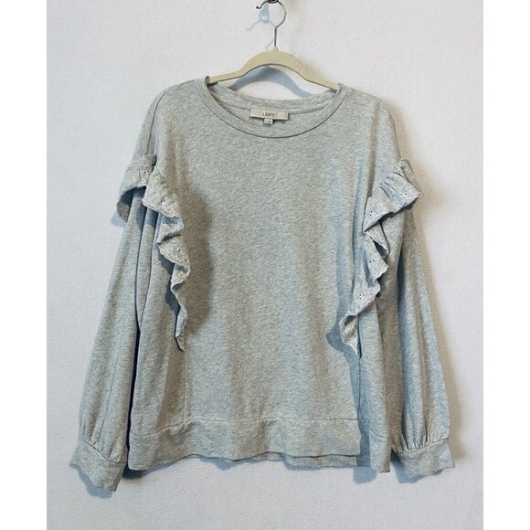 LOFT Sweater Womens Large Embroidered Ruffle Sleeve Sweatshirt Gray Cotton Boho - Picture 2 of 10